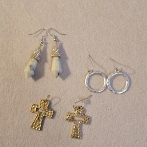 Lot Of 3 Elegant Gold and Silver Cross Earrings